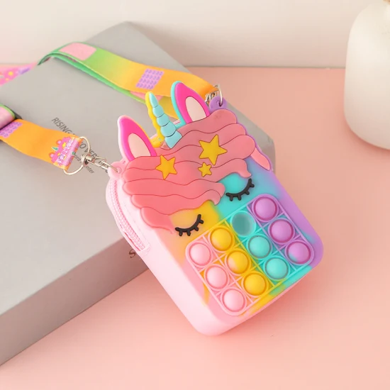 Push Pop Bubble Fidget Giocattolo sensoriale Grande borsa rosa Unicorno Pop It Borsa portamonete per ragazza Bambini Arcobaleno Borse Borsa a tracolla Borsa per bambini